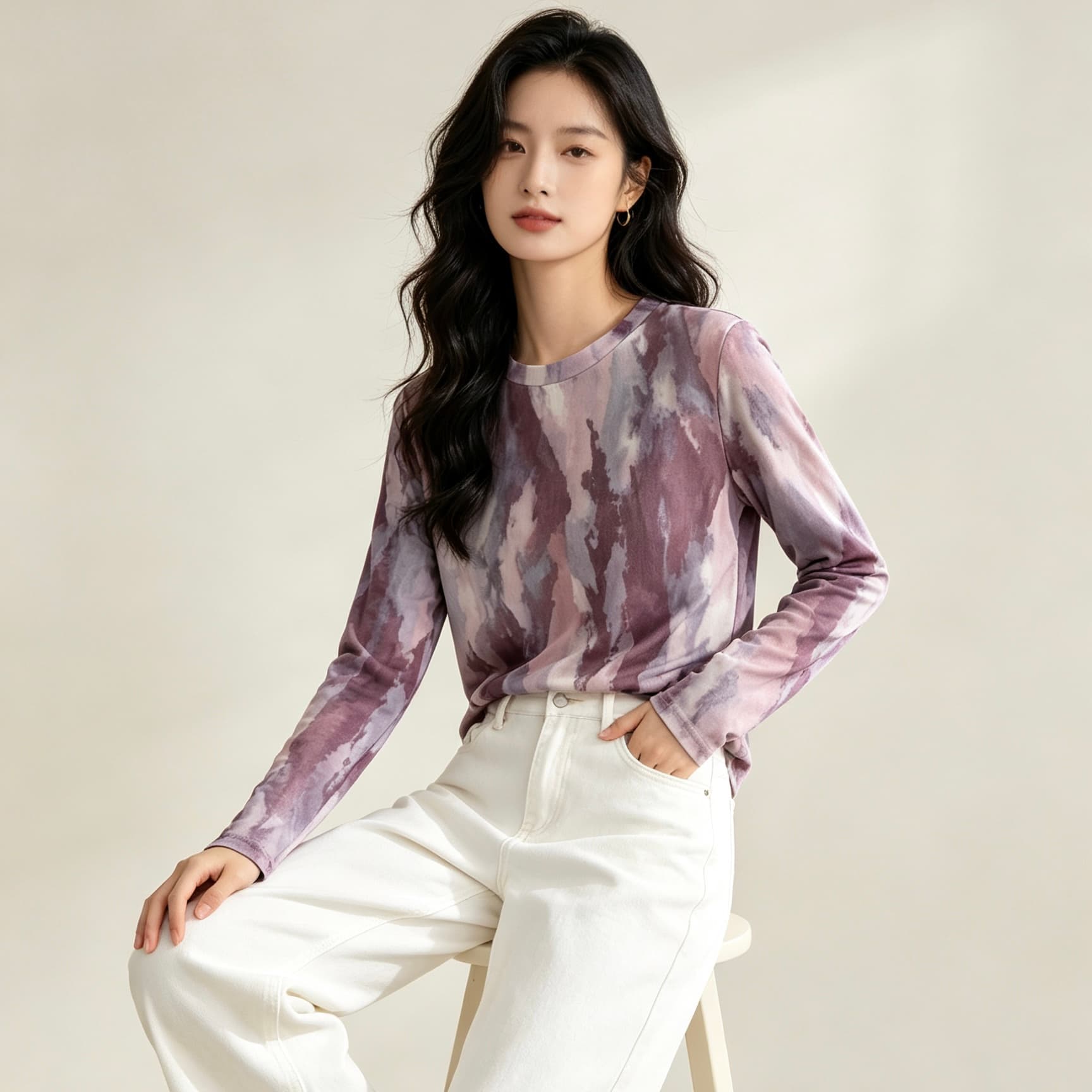 실사 2026 긴팔 디자인 센스 루즈핏 풀오버 홀치기 염색 맨위 여성 가을 새로운 한국 넷 프린트 라운드 넥 티셔츠 이미지 4