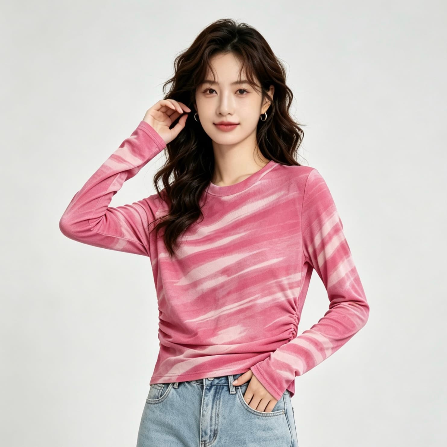 실사 2026 긴팔 디자인 센스 루즈핏 풀오버 홀치기 염색 맨위 여성 가을 새로운 한국 넷 프린트 라운드 넥 티셔츠 이미지 3