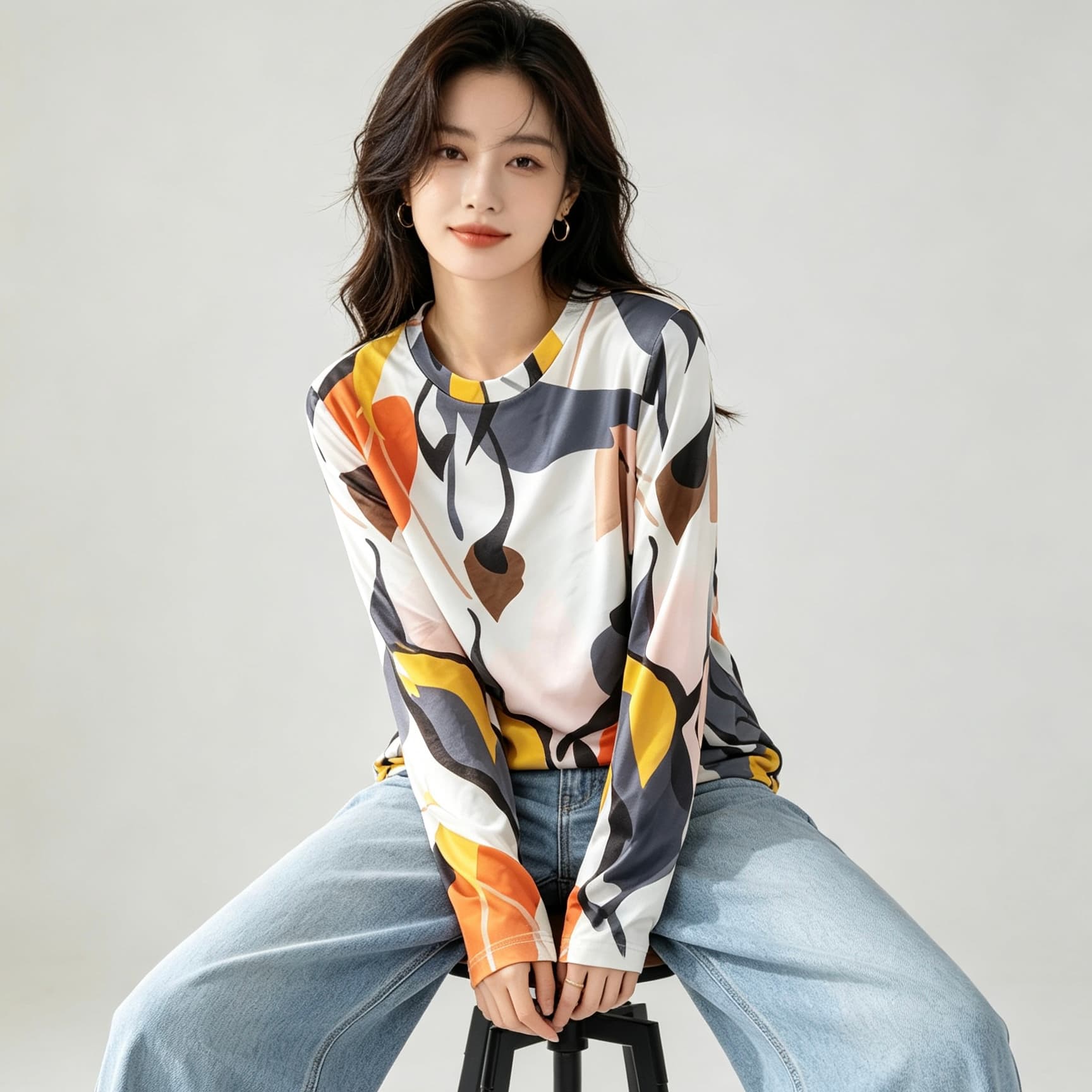 실사 2026 긴팔 디자인 센스 루즈핏 풀오버 홀치기 염색 맨위 여성 가을 새로운 한국 넷 프린트 라운드 넥 티셔츠 이미지 5