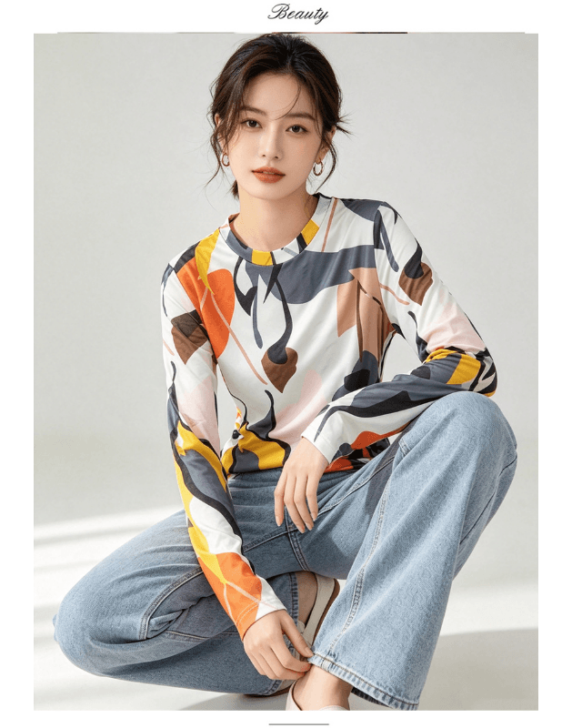 실사 2026 긴팔 디자인 센스 루즈핏 풀오버 홀치기 염색 맨위 여성 가을 새로운 한국 넷 프린트 라운드 넥 티셔츠 상세 이미지 13