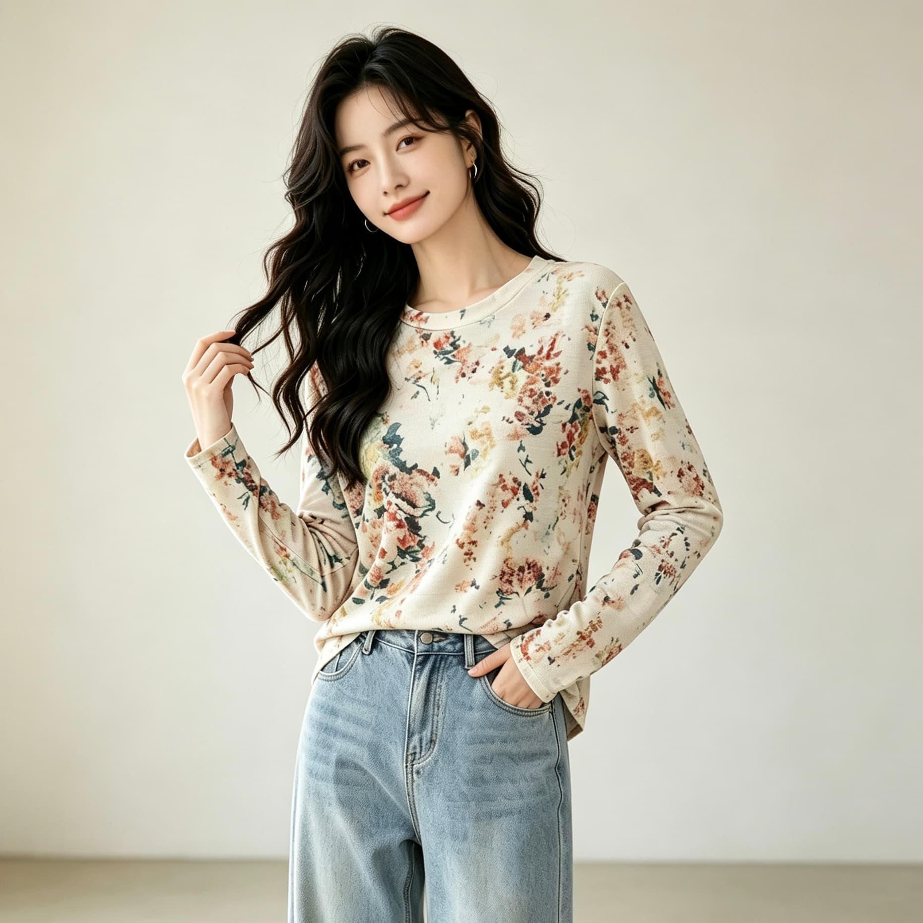 실사 2026 긴팔 디자인 센스 루즈핏 풀오버 홀치기 염색 맨위 여성 가을 새로운 한국 넷 프린트 라운드 넥 티셔츠 이미지 5