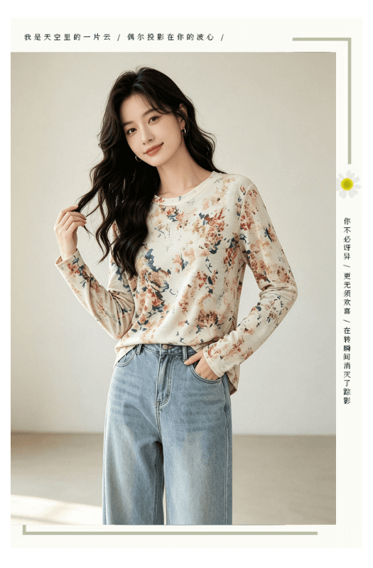 실사 2026 긴팔 디자인 센스 루즈핏 풀오버 홀치기 염색 맨위 여성 가을 새로운 한국 넷 프린트 라운드 넥 티셔츠 상세 이미지 3