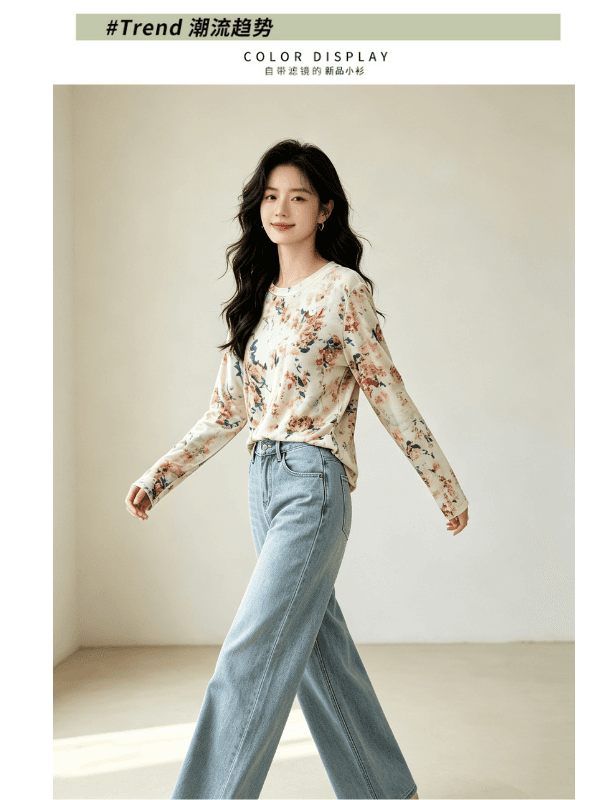 실사 2026 긴팔 디자인 센스 루즈핏 풀오버 홀치기 염색 맨위 여성 가을 새로운 한국 넷 프린트 라운드 넥 티셔츠 상세 이미지 8