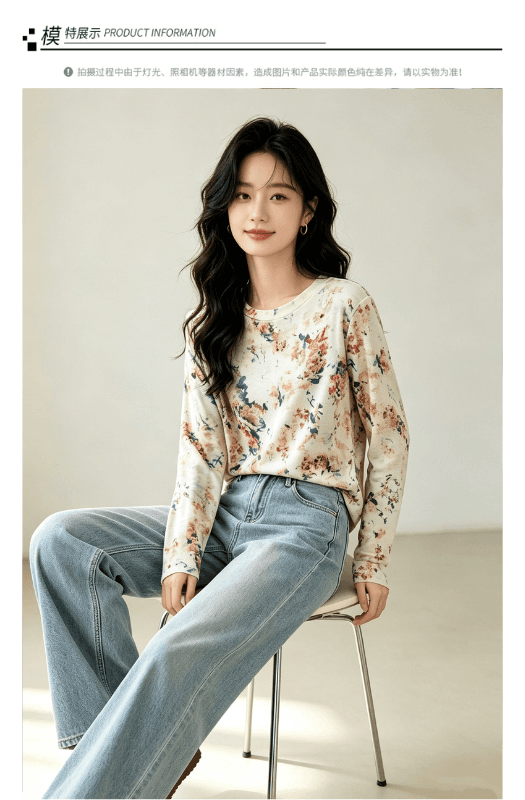 실사 2026 긴팔 디자인 센스 루즈핏 풀오버 홀치기 염색 맨위 여성 가을 새로운 한국 넷 프린트 라운드 넥 티셔츠 상세 이미지 10