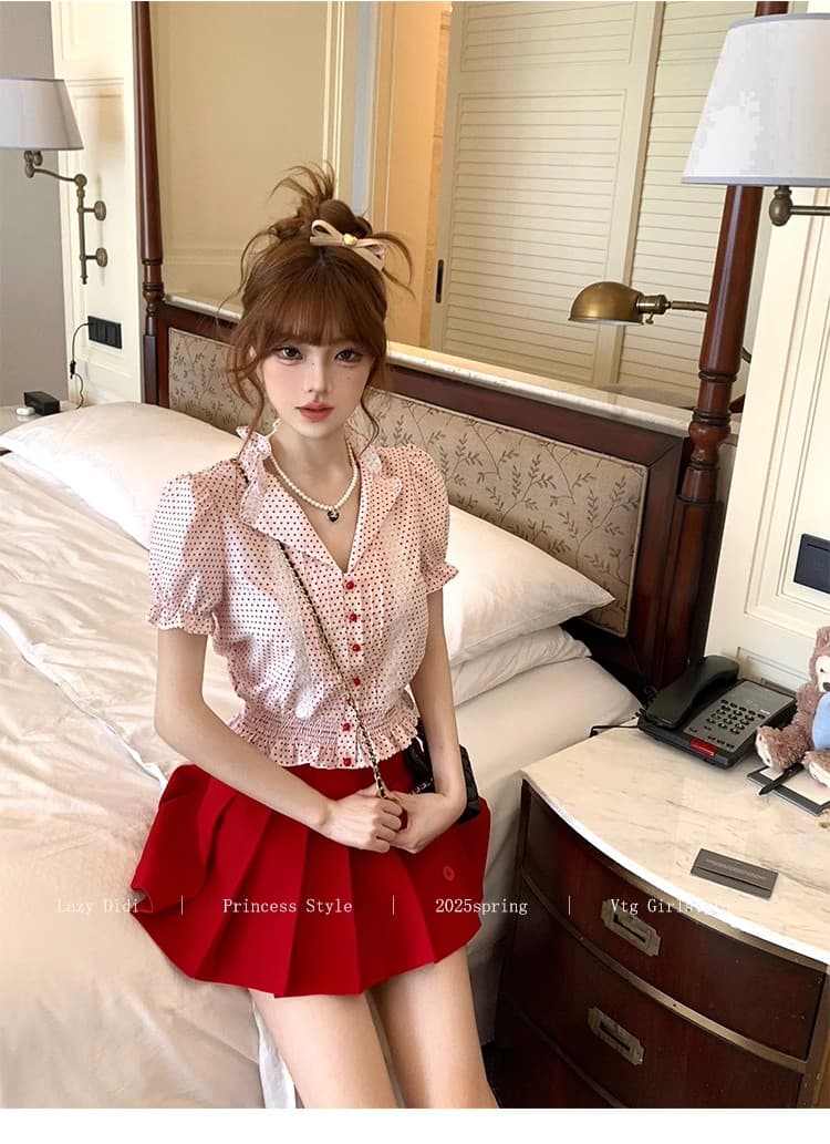 lazy didi 캡처 꿈 샤 차우 허리 수축 셔츠 플리츠 반 스커트 세트 그룹 레트로 거품 소매 맨위 한 마디 미니 스커트 상세 이미지 12