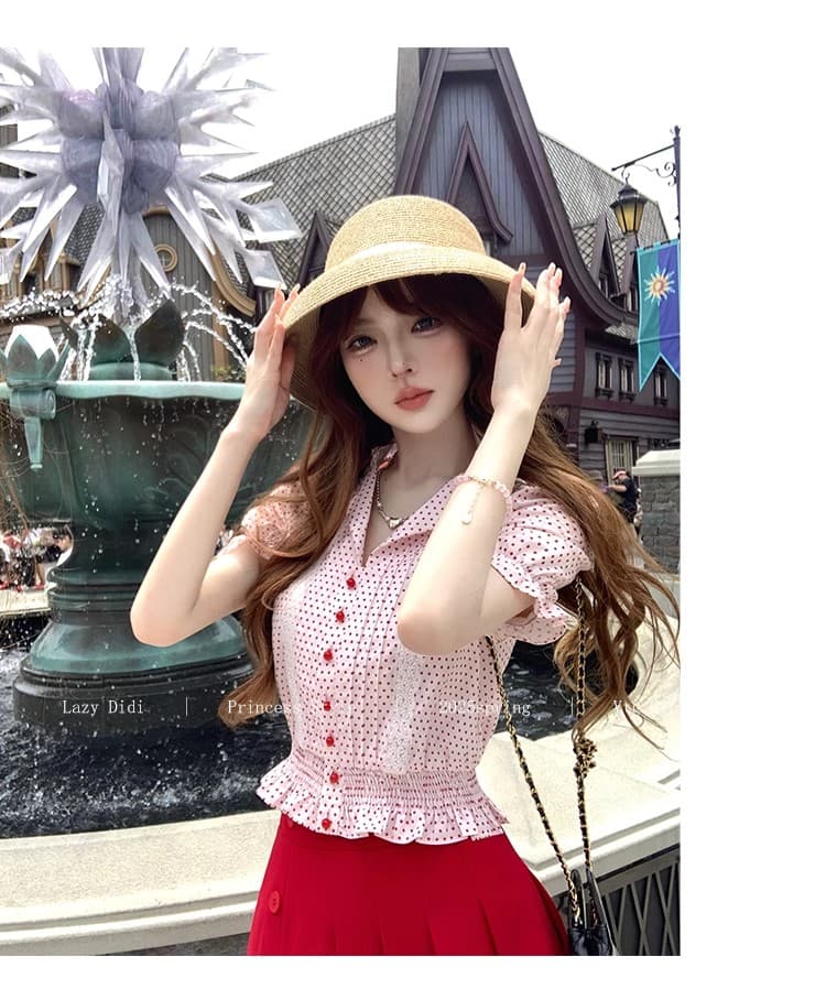 lazy didi 캡처 꿈 샤 차우 허리 수축 셔츠 플리츠 반 스커트 세트 그룹 레트로 거품 소매 맨위 한 마디 미니 스커트 상세 이미지 18