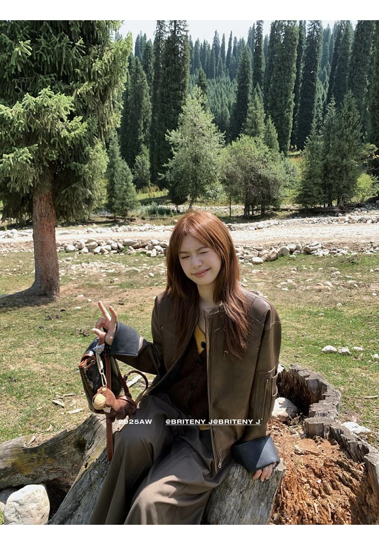 작은 6 월 6 월 브리트니 8 7 새로운 인생 가죽 재킷 레트로 세련된 아티스트 배색 pu 오토바이 재킷 상세 이미지 18