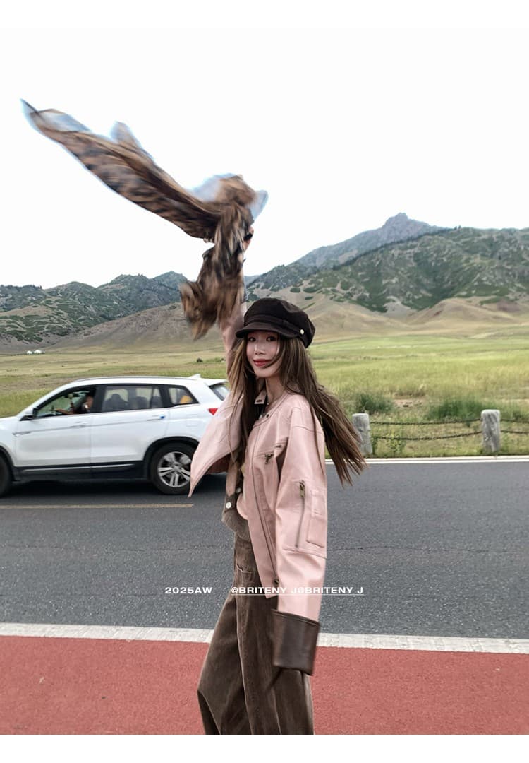 작은 6 월 6 월 브리트니 8 7 새로운 인생 가죽 재킷 레트로 세련된 아티스트 배색 pu 오토바이 재킷 상세 이미지 25