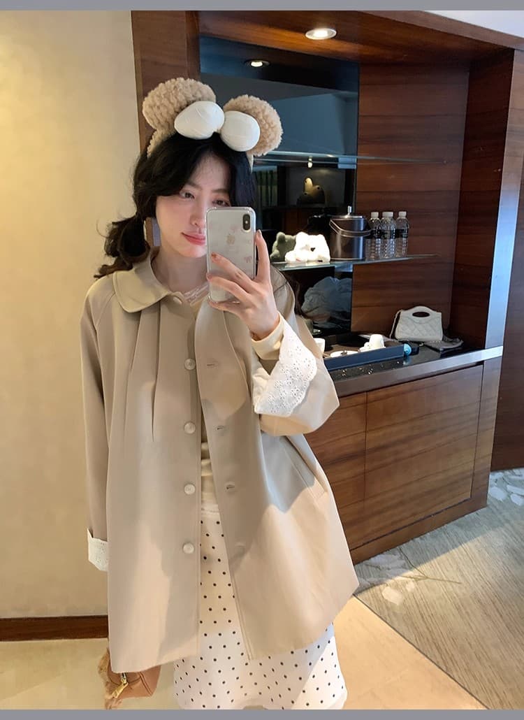 ptonumi 롱 아일랜드 연인 커프스 레이스 패치워크 중간 길이 바람막이 여성 코트 가을 한 부서 폴로 칼라 코트 상세 이미지 18