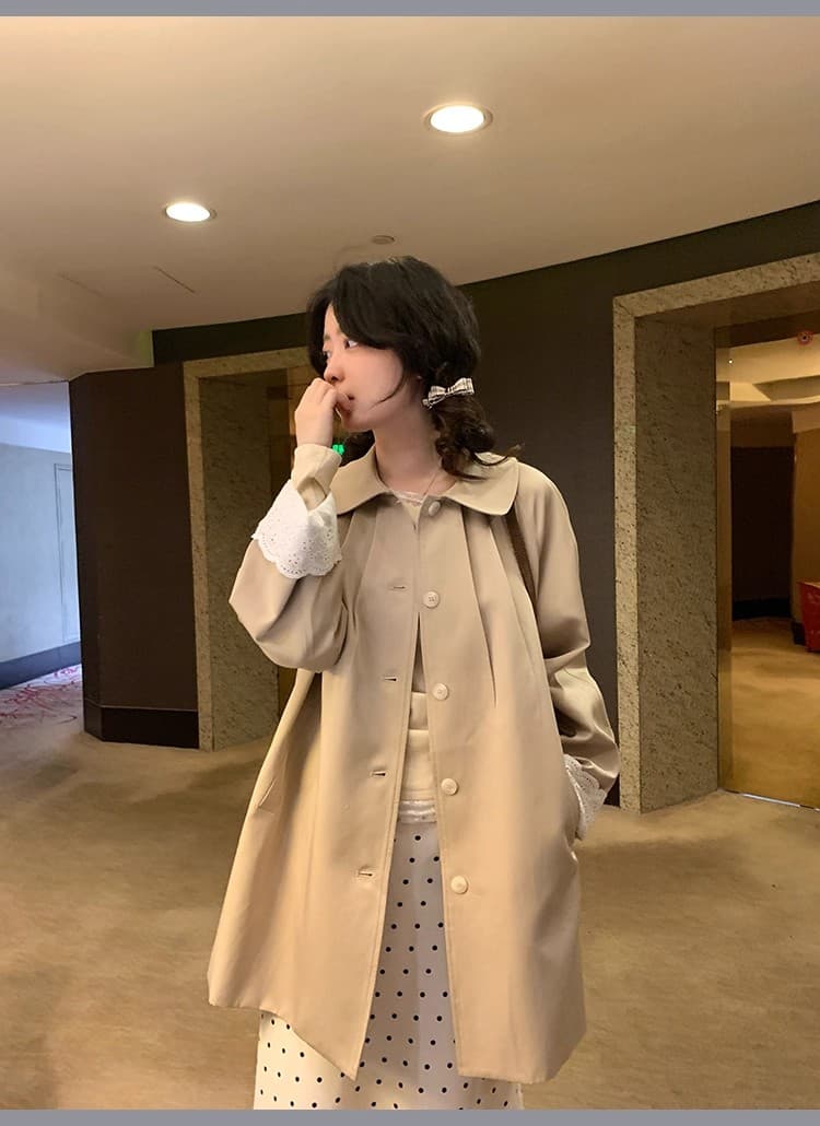 ptonumi 롱 아일랜드 연인 커프스 레이스 패치워크 중간 길이 바람막이 여성 코트 가을 한 부서 폴로 칼라 코트 상세 이미지 19