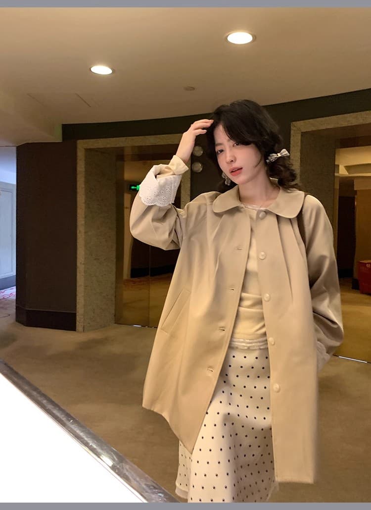 ptonumi 롱 아일랜드 연인 커프스 레이스 패치워크 중간 길이 바람막이 여성 코트 가을 한 부서 폴로 칼라 코트 상세 이미지 20