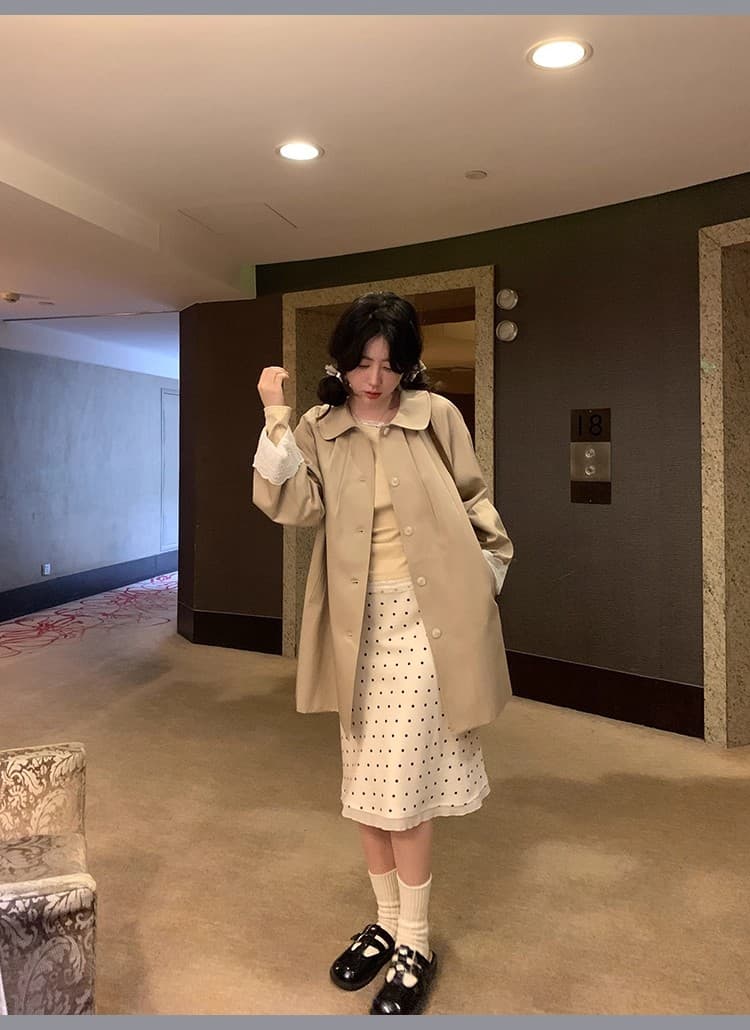 ptonumi 롱 아일랜드 연인 커프스 레이스 패치워크 중간 길이 바람막이 여성 코트 가을 한 부서 폴로 칼라 코트 상세 이미지 21