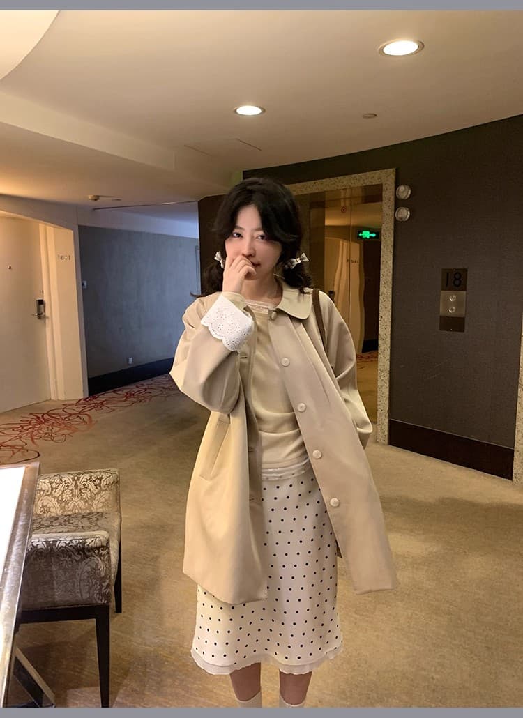 ptonumi 롱 아일랜드 연인 커프스 레이스 패치워크 중간 길이 바람막이 여성 코트 가을 한 부서 폴로 칼라 코트 상세 이미지 26