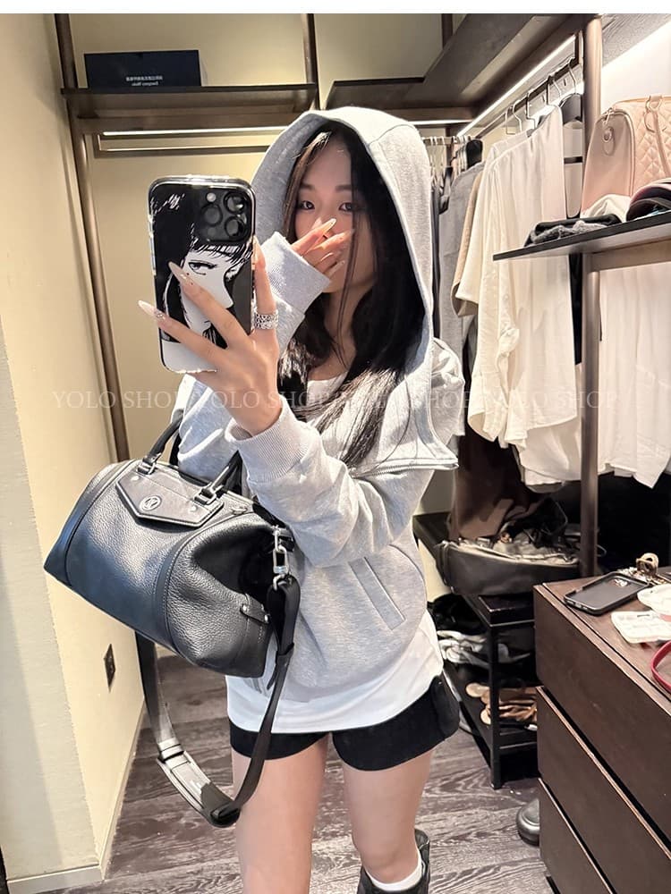 yolo shop 검정색 후드 티 스웨터 여성 몸매 가꾸기 다용도 디자인 센스 폴로 칼라 아메리칸 카디건 코트 맨위 상세 이미지 10