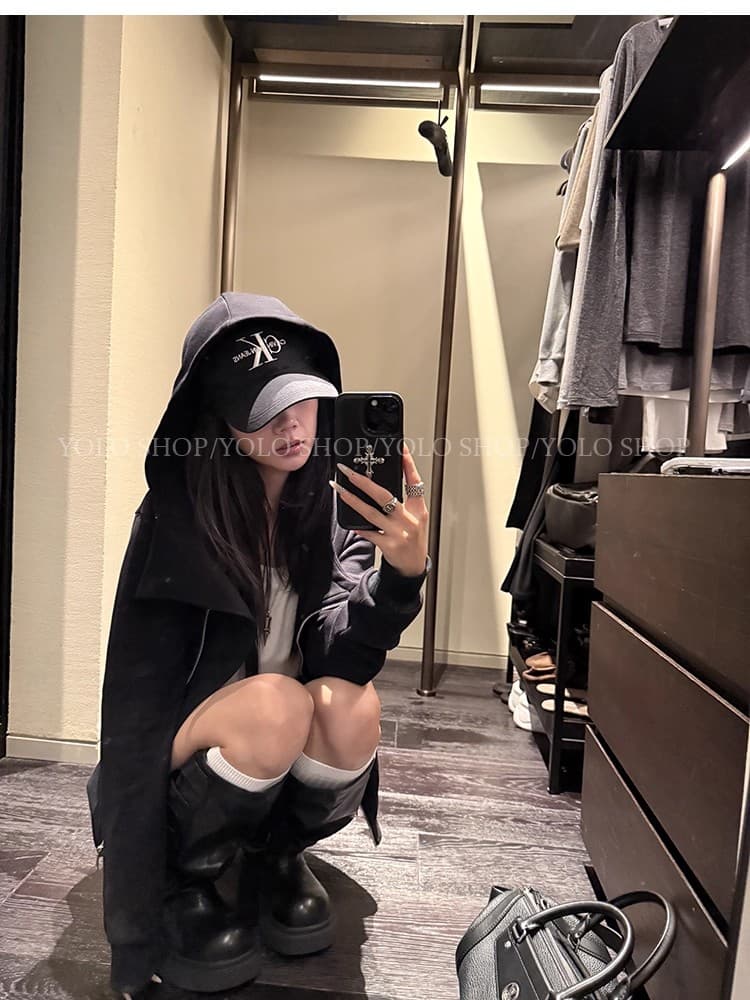 yolo shop 검정색 후드 티 스웨터 여성 몸매 가꾸기 다용도 디자인 센스 폴로 칼라 아메리칸 카디건 코트 맨위 상세 이미지 18