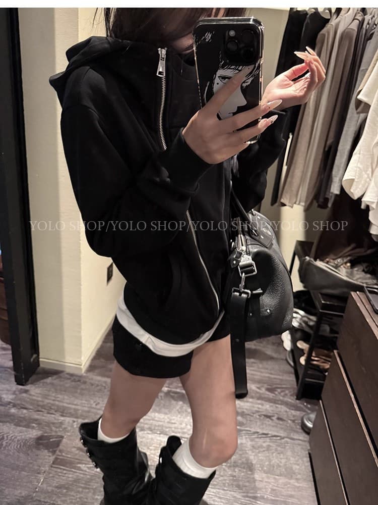 yolo shop 검정색 후드 티 스웨터 여성 몸매 가꾸기 다용도 디자인 센스 폴로 칼라 아메리칸 카디건 코트 맨위 상세 이미지 42