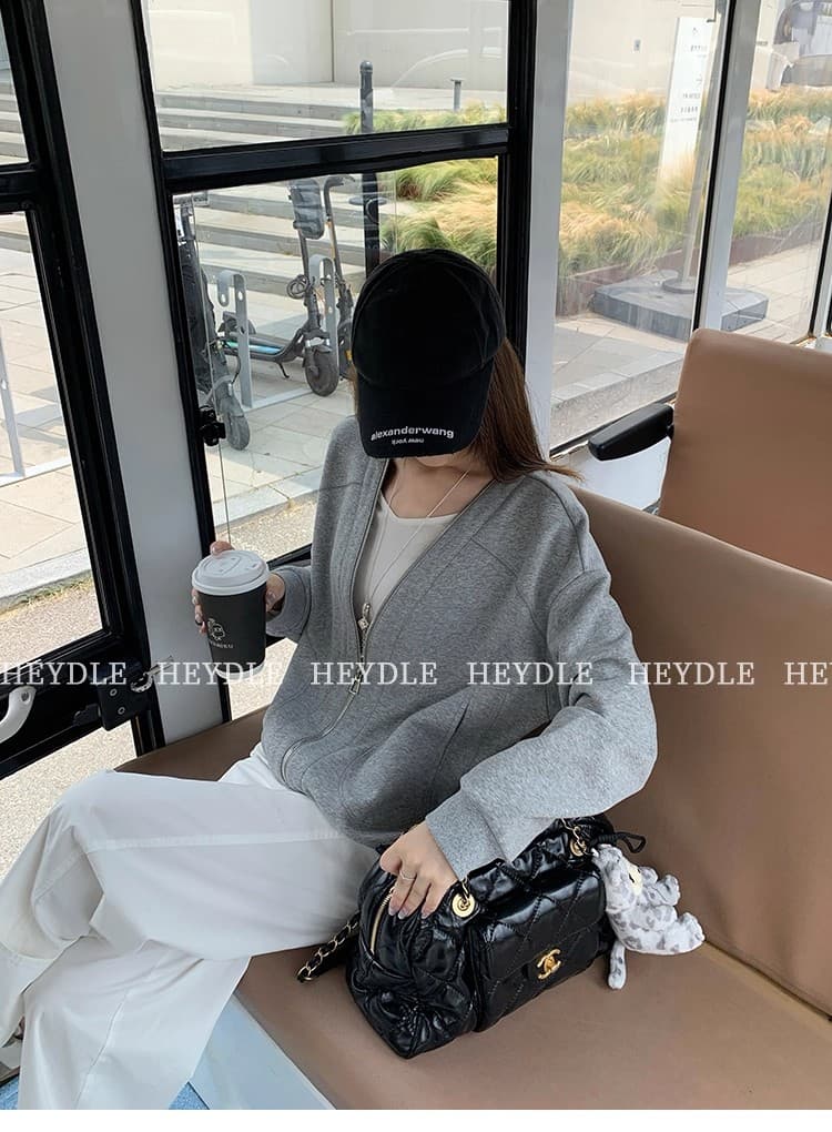 검은 콩 흠 캐주얼 해체 V넥 지퍼 회색 후드티 재킷 가을 루즈핏 느긋한 바람 다용도 맨위 상세 이미지 9