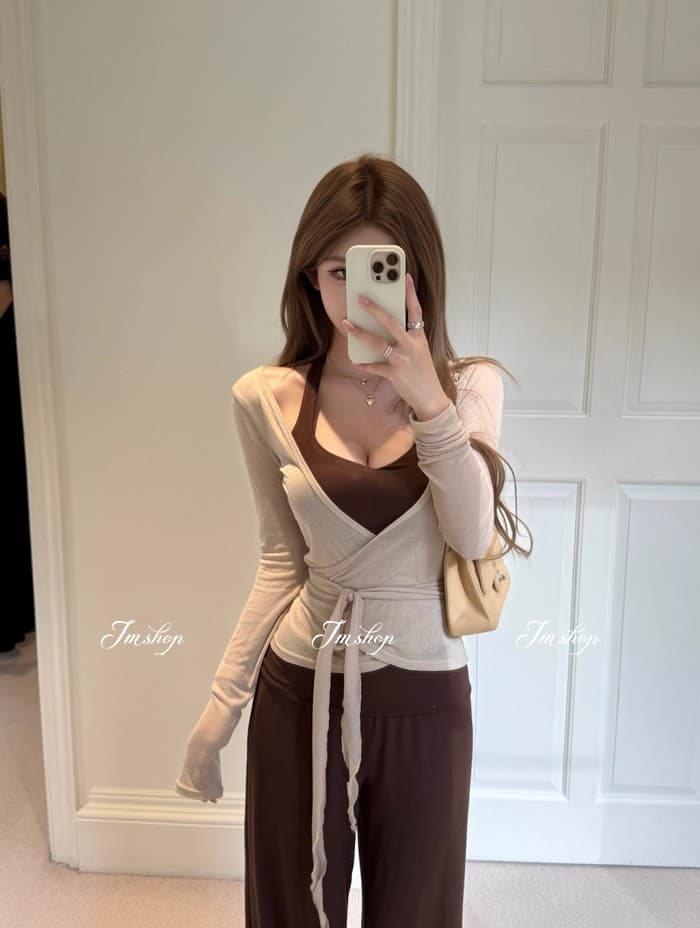 jmshop 화이트 여성 느슨함 시리즈 2.0 고급 센스 행침 목 캐미솔 캐주얼 바지 스트랩 오픈 가디건 상세 이미지 17