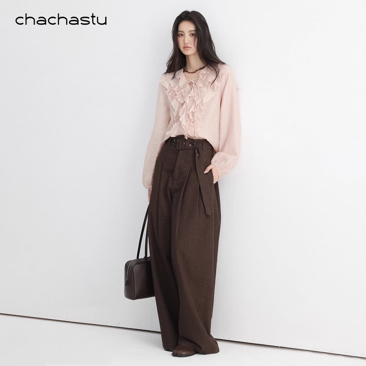 chachastu 프랑스식 이른 가을 분위기 센스 핑크색 프릴 맨위 여성 이른 가을 고급 센스 긴팔 V 넥 셔츠 이미지 3