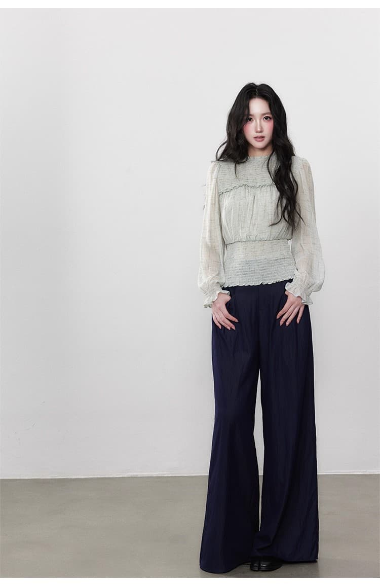 찬양하다 다우 yuzhi 출퇴근 미니멀리즘 다용도 가을 녹색 라운드 넥 쉬폰 허리 수축 슬림해 보이는 자외선 차단 긴팔 맨위 여성 상세 이미지 10