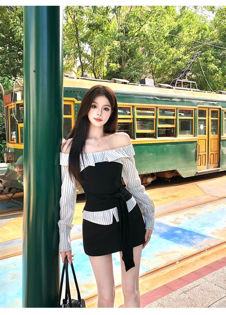 회화 솔루션 wahju 새 미스 이른 가을 배색 패치워크 스트라이프 디자인 오프숄더 슬림해 보이는 맨위 반 스커트 세트 상세 이미지 7