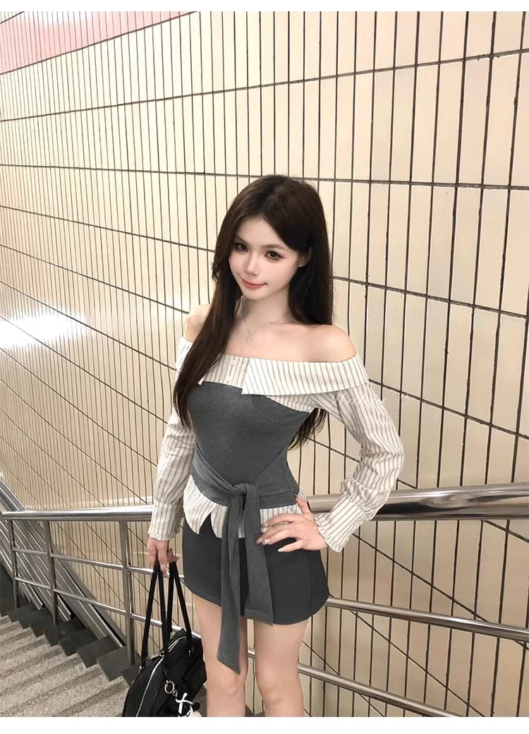 회화 솔루션 wahju 새 미스 이른 가을 배색 패치워크 스트라이프 디자인 오프숄더 슬림해 보이는 맨위 반 스커트 세트 상세 이미지 12