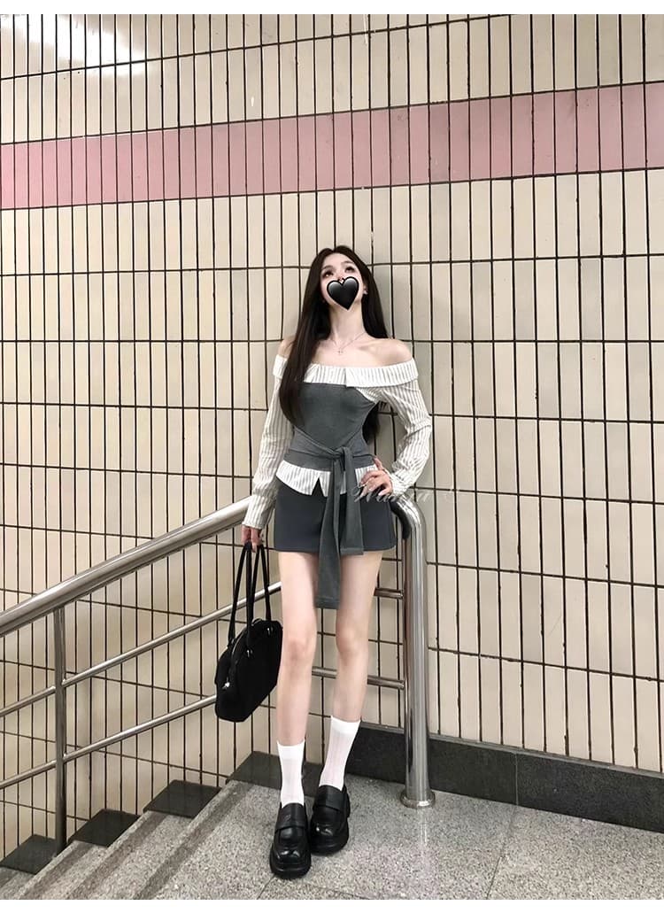 회화 솔루션 wahju 새 미스 이른 가을 배색 패치워크 스트라이프 디자인 오프숄더 슬림해 보이는 맨위 반 스커트 세트 상세 이미지 13