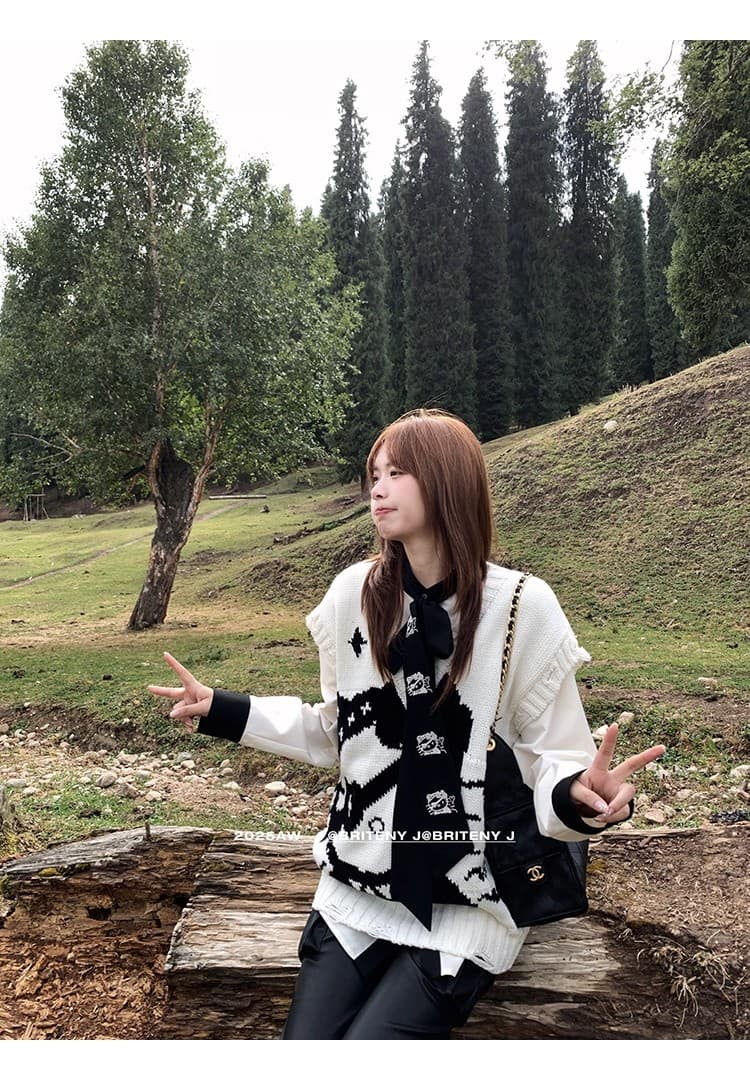 작은 6 월 6 월 브리트니 차가운 kitty 고양이 무거운 느긋한 V넥 스웨터 리본 자수 셔츠 상세 이미지 20