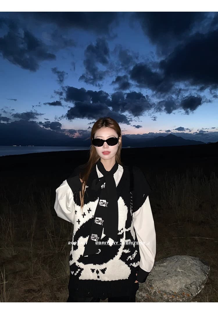 작은 6 월 6 월 브리트니 차가운 kitty 고양이 무거운 느긋한 V넥 스웨터 리본 자수 셔츠 상세 이미지 27