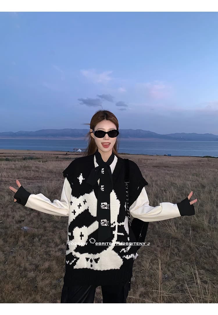 작은 6 월 6 월 브리트니 차가운 kitty 고양이 무거운 느긋한 V넥 스웨터 리본 자수 셔츠 상세 이미지 36