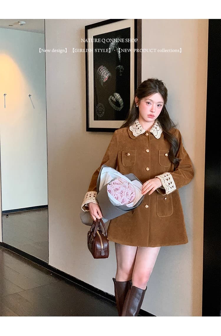 양 작은 볼륨 miu 부서 레트로 폴로 칼라 중간 길이 스웨이드 벨벳 재킷 워크웨어 바람막이 여성 아름다움 라드. 착용 가져 가라. 상세 이미지 5