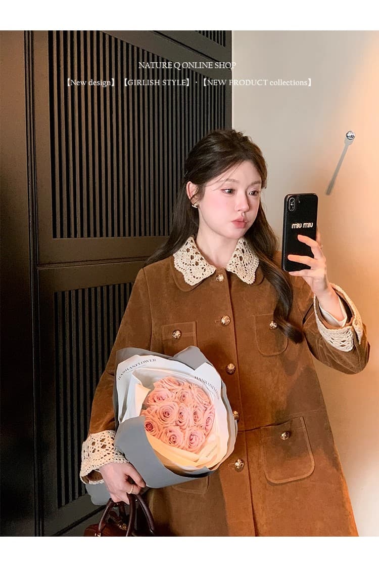 양 작은 볼륨 miu 부서 레트로 폴로 칼라 중간 길이 스웨이드 벨벳 재킷 워크웨어 바람막이 여성 아름다움 라드. 착용 가져 가라. 상세 이미지 9