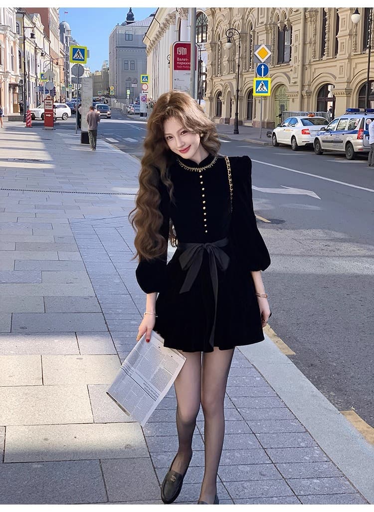먹는다. 녹색 접시 보 라드. 천 골드 신제품 88 접기 그는 벤 바람 검정색 벨벳 긴팔 드레스 가을 상세 이미지 19