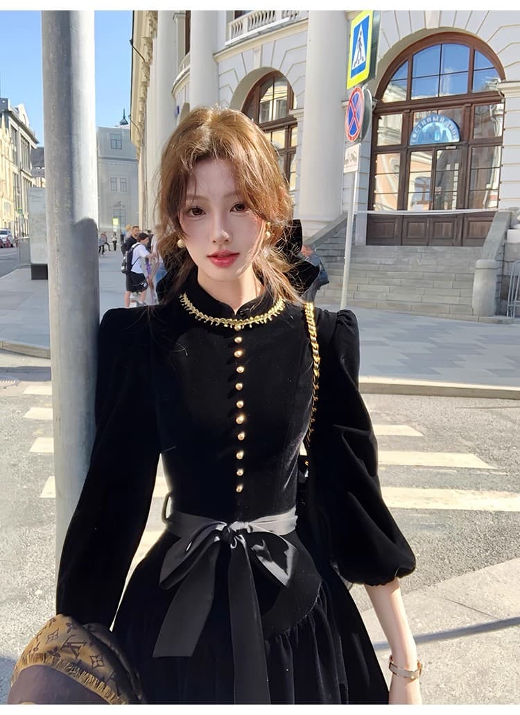 먹는다. 녹색 접시 보 라드. 천 골드 신제품 88 접기 그는 벤 바람 검정색 벨벳 긴팔 드레스 가을 상세 이미지 23