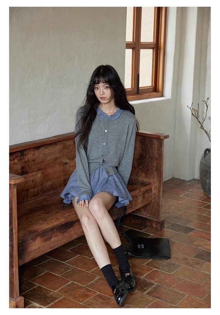저녁 몽골 2026 새로운 이른 가을 한 부서 품격 맨위 작은 키 얇은 스타일 작은 대중 패치워크 긴팔 니트 오픈 가디건 여성 상세 이미지 5