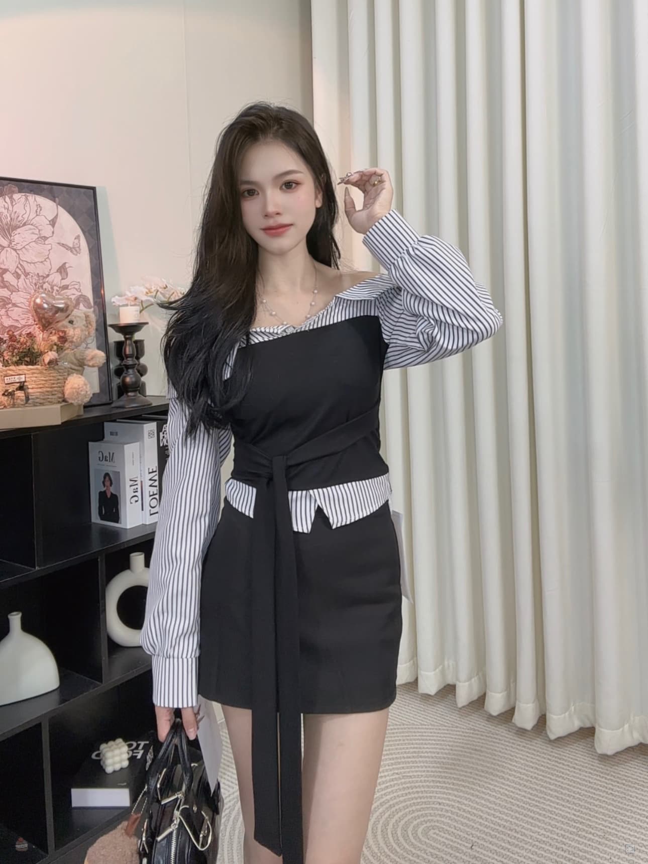 회화 솔루션 wahju 새 미스 이른 가을 배색 패치워크 스트라이프 디자인 오프숄더 슬림해 보이는 맨위 반 스커트 세트 상세 이미지 5
