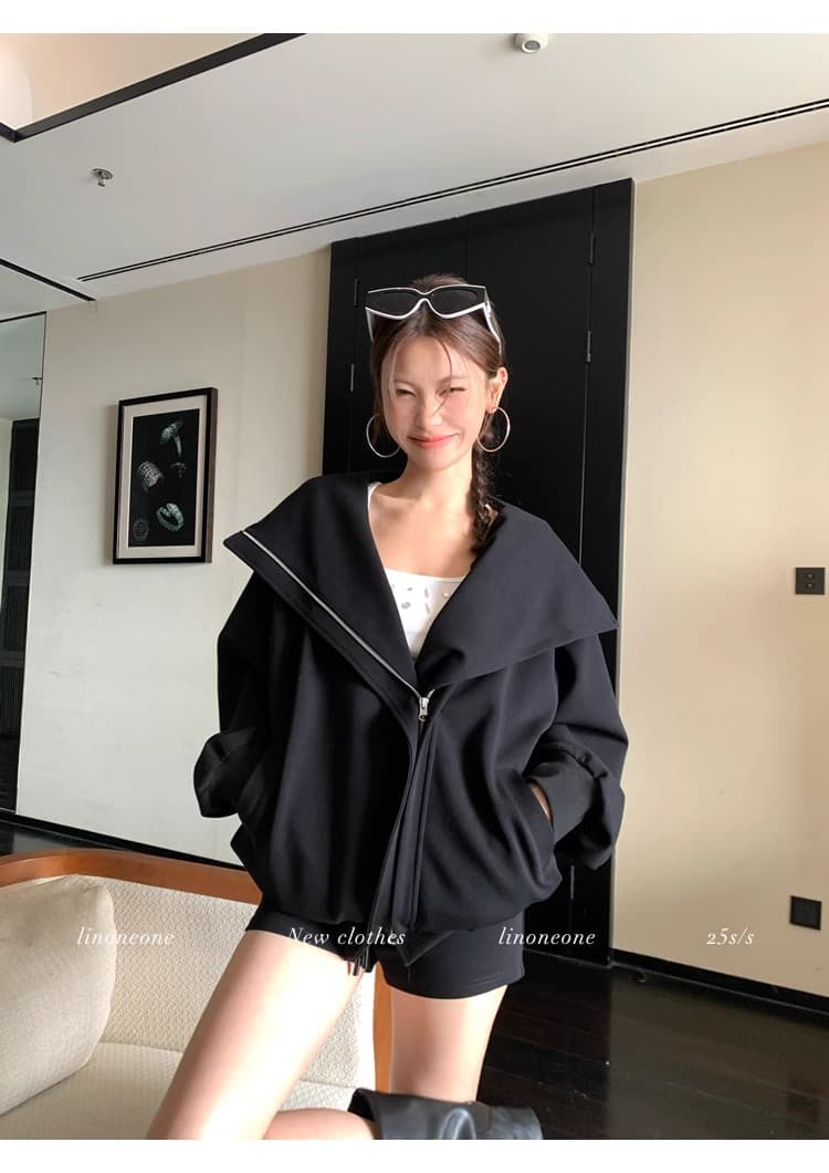 linoneone 화이트 여성 미학 한 부서 캐주얼 루즈핏 후드 티 스웨터 카디건 코트 펌프 로프 반바지 세트 상세 이미지 2