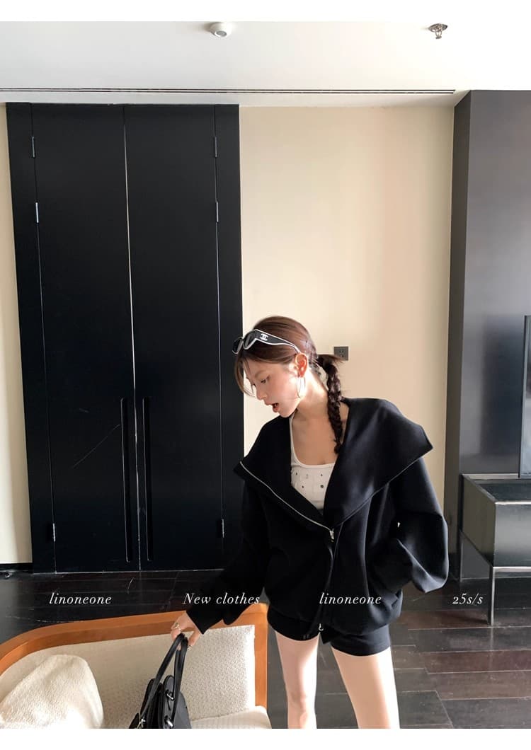 linoneone 화이트 여성 미학 한 부서 캐주얼 루즈핏 후드 티 스웨터 카디건 코트 펌프 로프 반바지 세트 상세 이미지 3