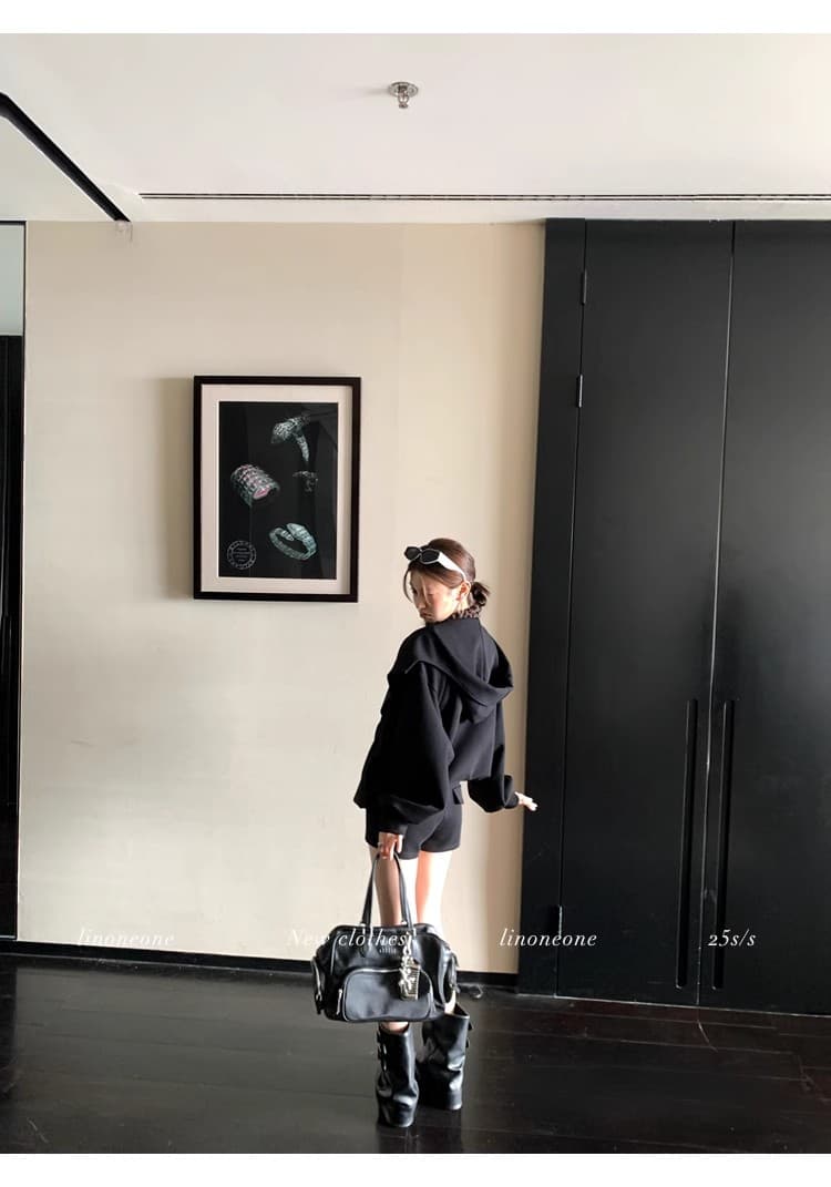 linoneone 화이트 여성 미학 한 부서 캐주얼 루즈핏 후드 티 스웨터 카디건 코트 펌프 로프 반바지 세트 상세 이미지 4
