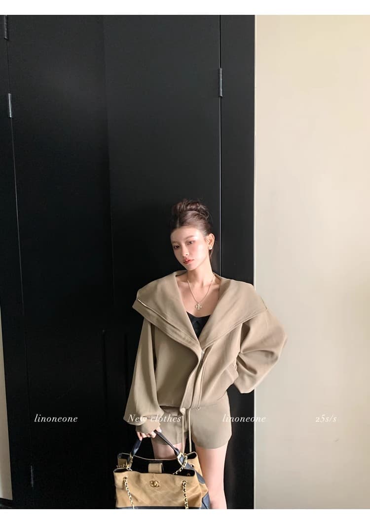 linoneone 화이트 여성 미학 한 부서 캐주얼 루즈핏 후드 티 스웨터 카디건 코트 펌프 로프 반바지 세트 상세 이미지 6
