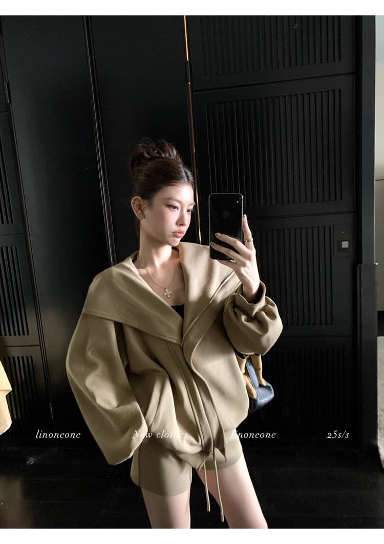 linoneone 화이트 여성 미학 한 부서 캐주얼 루즈핏 후드 티 스웨터 카디건 코트 펌프 로프 반바지 세트 상세 이미지 7
