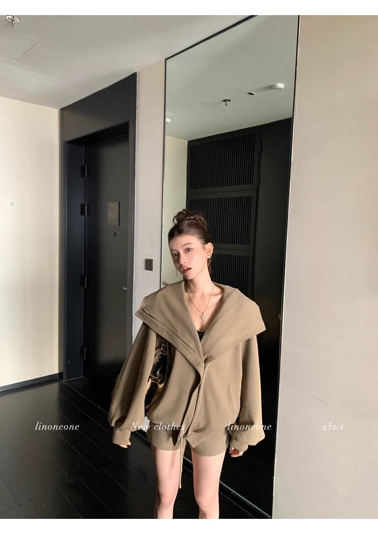 linoneone 화이트 여성 미학 한 부서 캐주얼 루즈핏 후드 티 스웨터 카디건 코트 펌프 로프 반바지 세트 상세 이미지 8