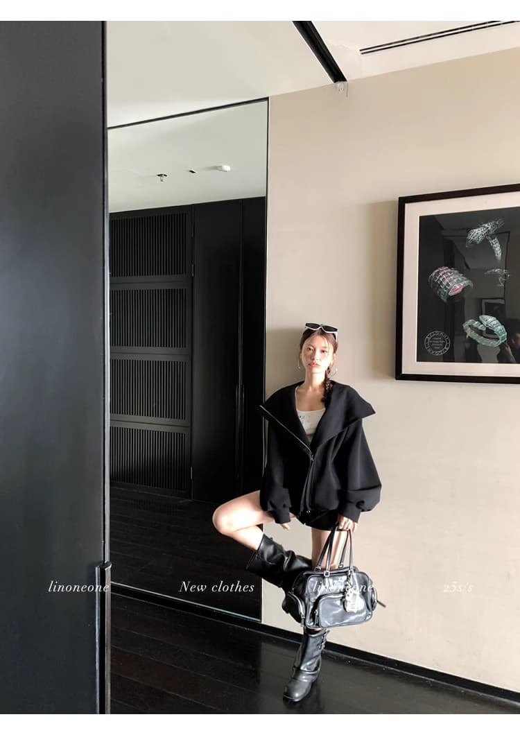 linoneone 화이트 여성 미학 한 부서 캐주얼 루즈핏 후드 티 스웨터 카디건 코트 펌프 로프 반바지 세트 상세 이미지 16