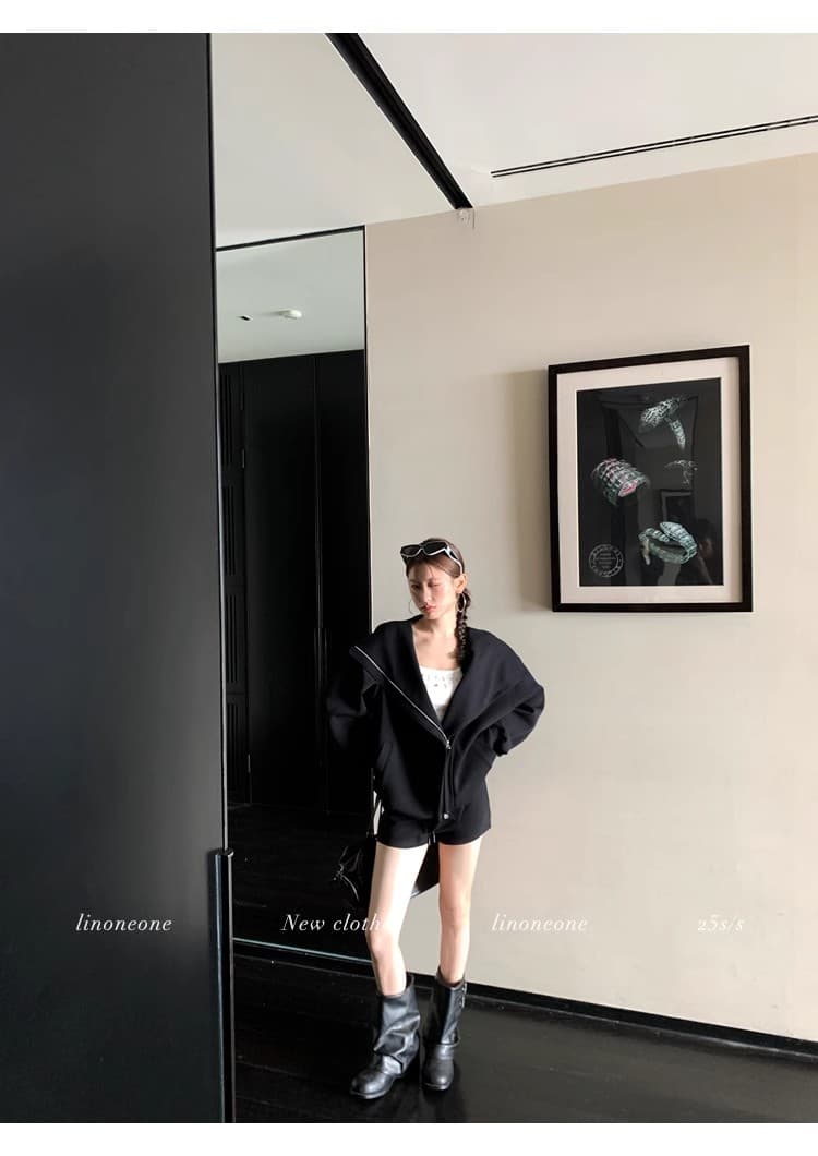 linoneone 화이트 여성 미학 한 부서 캐주얼 루즈핏 후드 티 스웨터 카디건 코트 펌프 로프 반바지 세트 상세 이미지 18