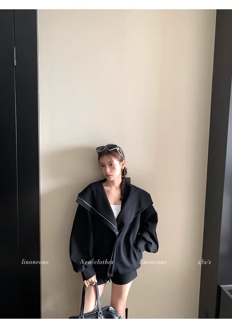 linoneone 화이트 여성 미학 한 부서 캐주얼 루즈핏 후드 티 스웨터 카디건 코트 펌프 로프 반바지 세트 상세 이미지 23