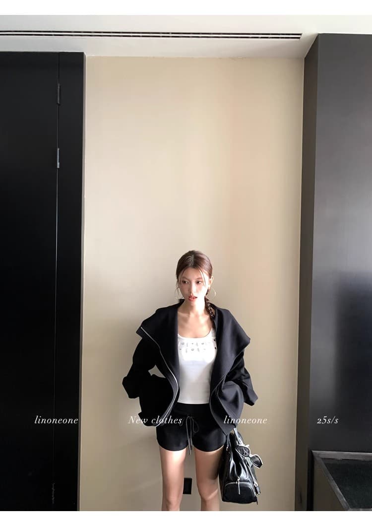 linoneone 화이트 여성 미학 한 부서 캐주얼 루즈핏 후드 티 스웨터 카디건 코트 펌프 로프 반바지 세트 상세 이미지 26