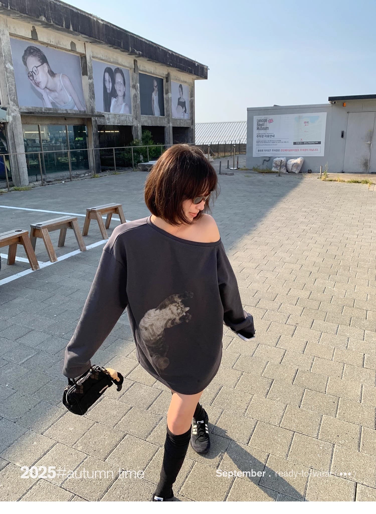 sunoneone 고양이 프린트 루즈핏 풀오버 캐주얼 비스듬한 어깨 오프숄더 후드티 여성 가을 아메리칸 작은 대중 맨위 상세 이미지 15