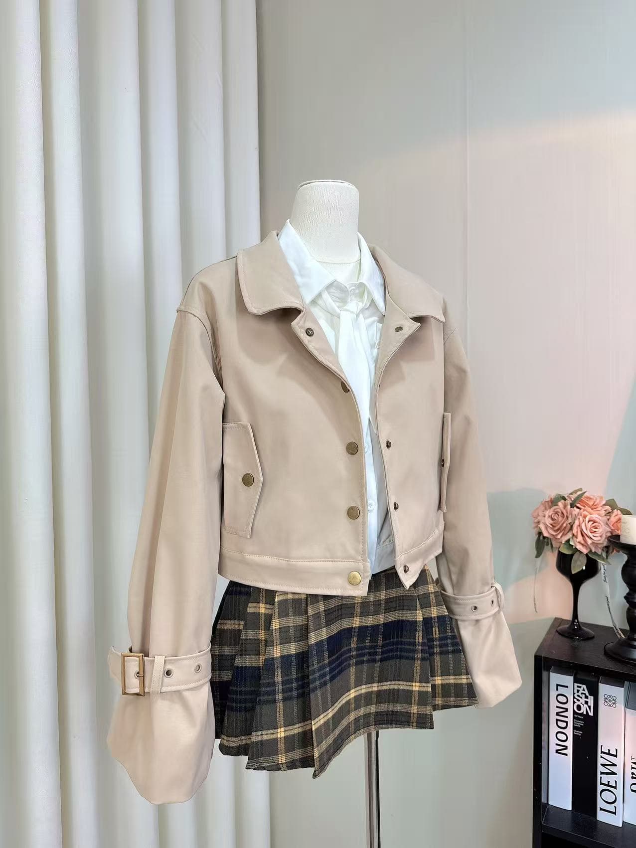 늦게 우산 우산 25 fw 백작 차 비스킷 쇼트 스타일 바람막이 토끼 귀 흰 셔츠 체크무늬 플리츠 치마 세트 상세 이미지 5