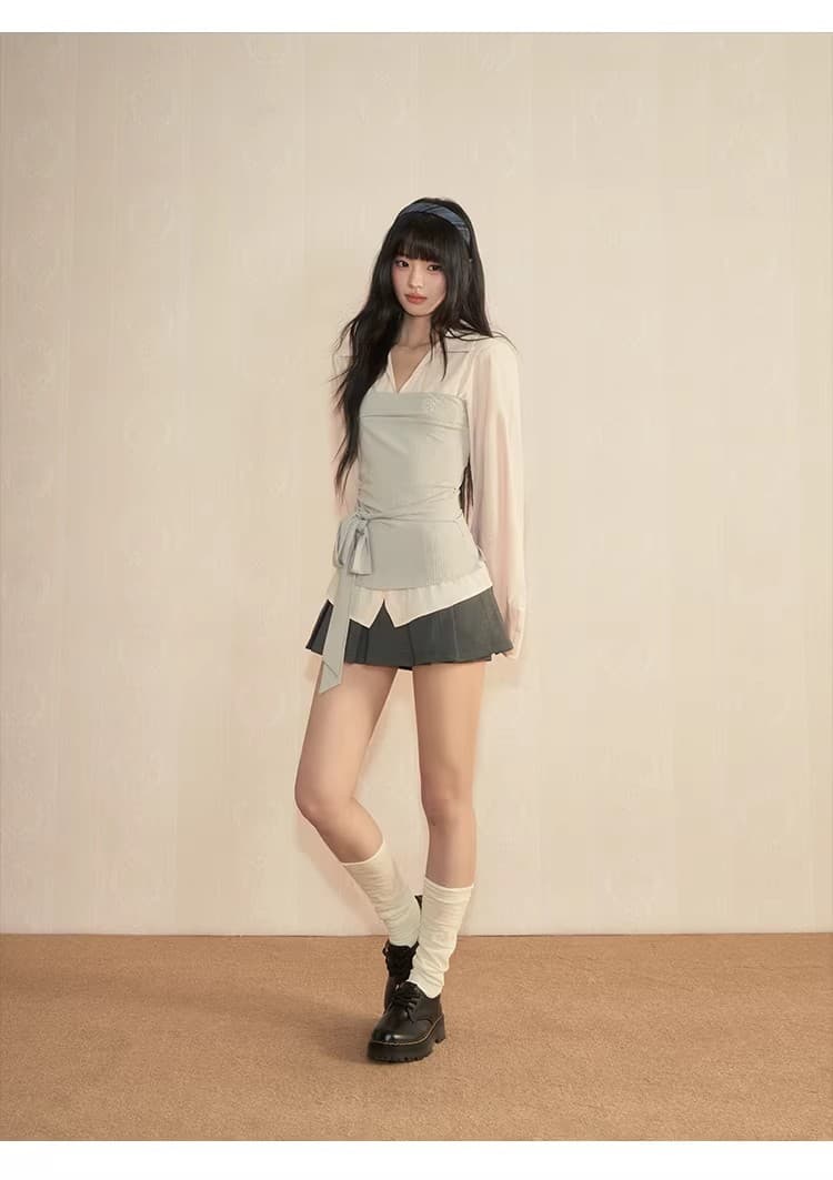 popwest 丨 패치워크 페이크 레이어드 셔츠 작은 대중 배색 셔츠 허리 수축 긴팔 맨위 와이드 레그 팬츠 세트 여성 상세 이미지 12