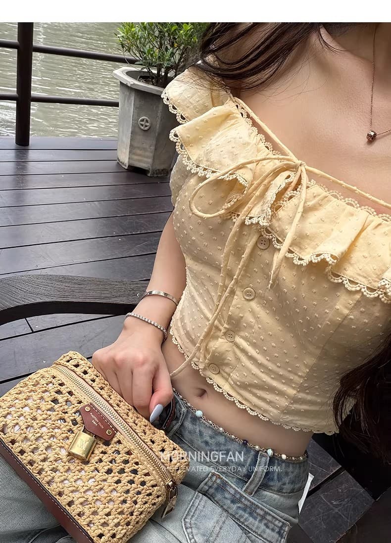 안녕하세요. 팬 팬 일광 절약 시간 분위기 센스 작은 흰색 꽃 면 레이스 칼라 7부 소매 오프숄더 반팔 맨위 상세 이미지 10